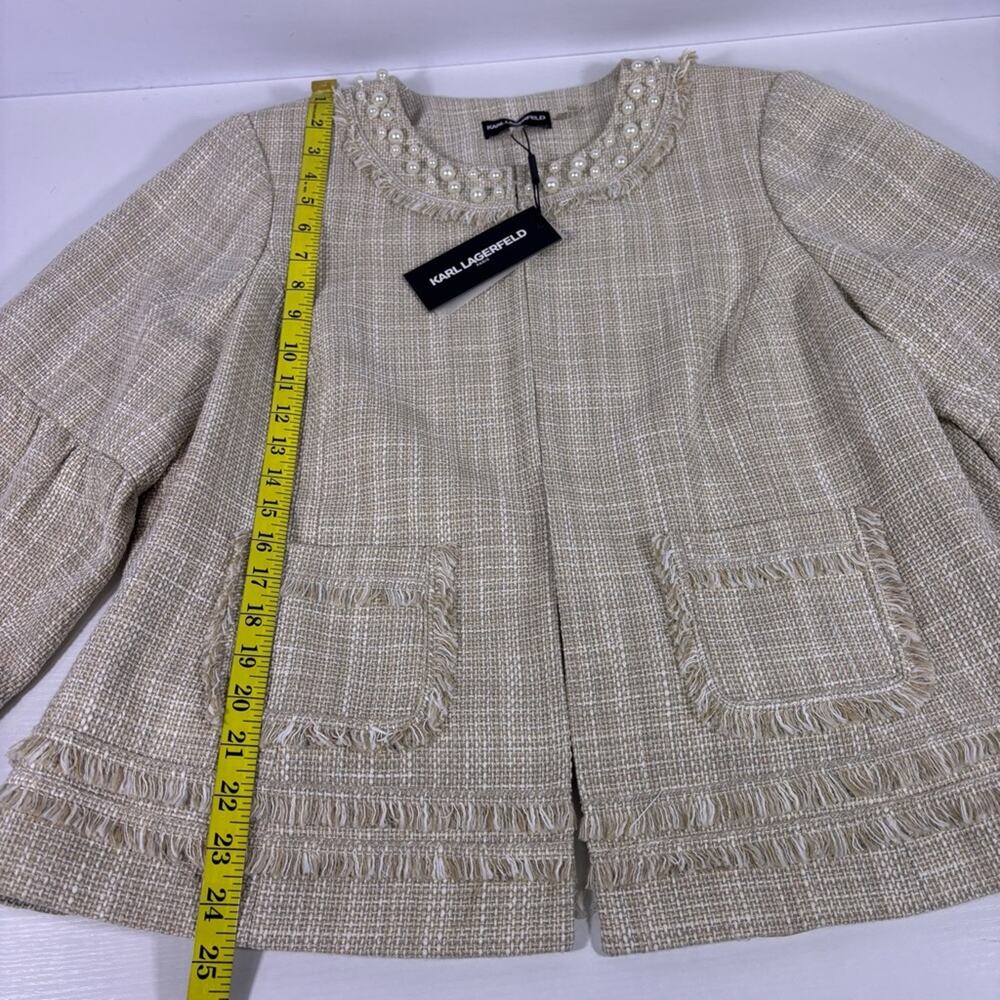NWT Karl Lagerfeld Tweed Beige Bell Sleeve Women's Blazer Pearl Trim Size 14W C1 - Picture 4 of 9